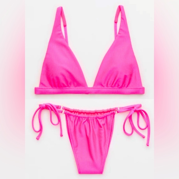 aerie Other - NWT Aerie FULL SET Shine Rib Plunge Top + Cheekiest Strappy Bottom Miami Pink
